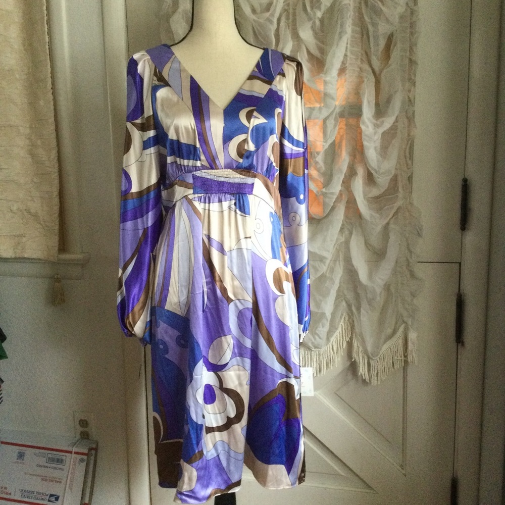 Gorgeous Modern Print Cinched Waist V-Neck Midi Dress 8 NWT $158
